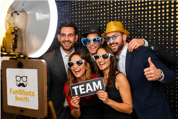 Corporate guests enjoying a FunShots Booth photo booth