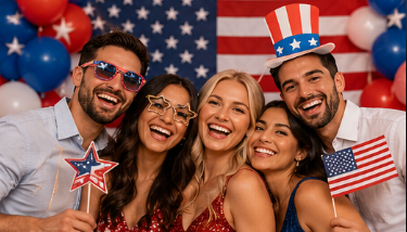 Fourth of July party guests with patriotic photo props