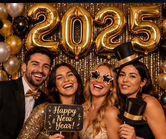 Guests celebrating New Year's Eve at a holiday party