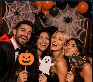 Halloween party guests using festive photo props
