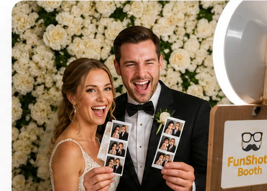 Bride and groom enjoying a FunShots Booth wedding photo booth